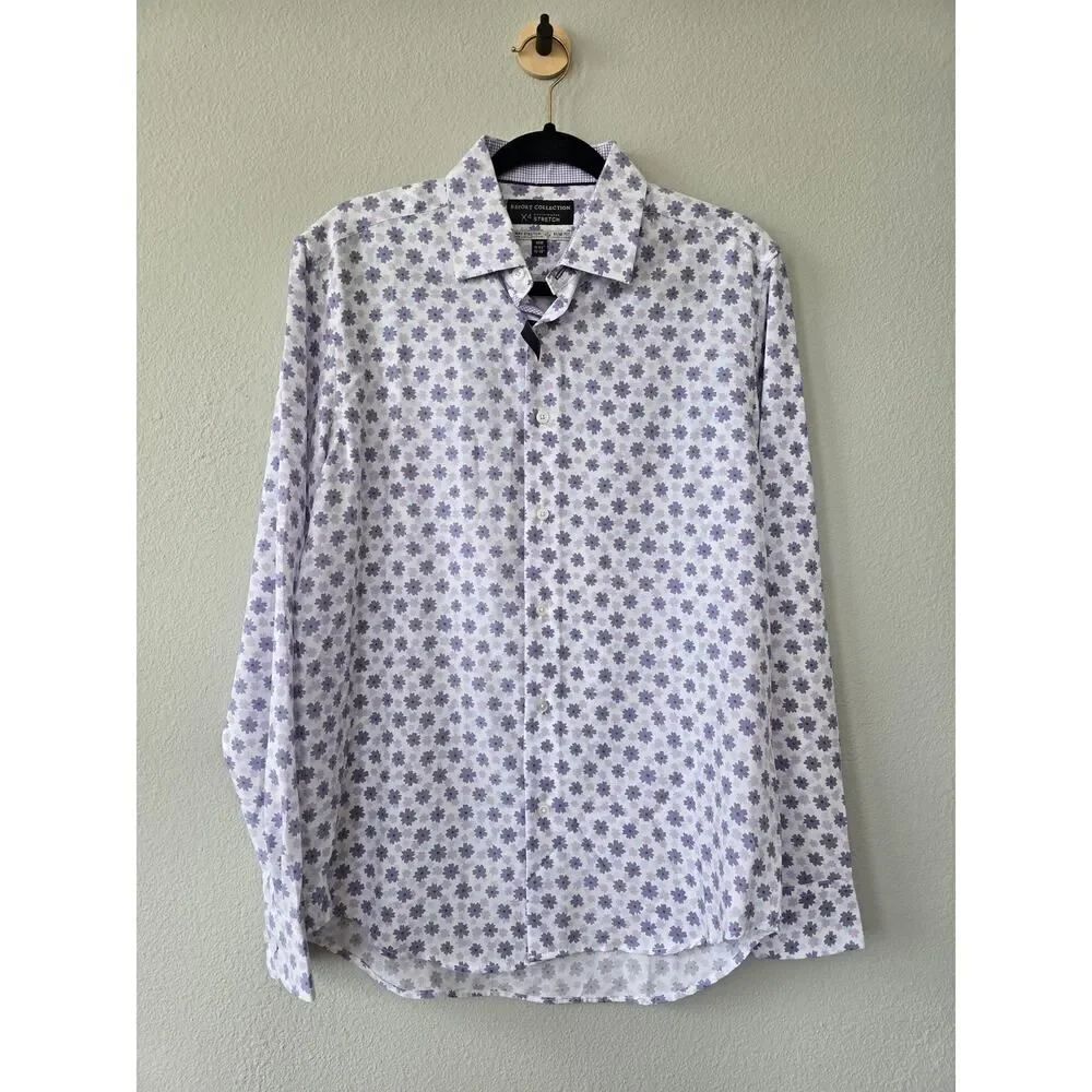 Report Collection Floral Shirt Men M Purple Stretch Slim Fit NWOT Soft Statement